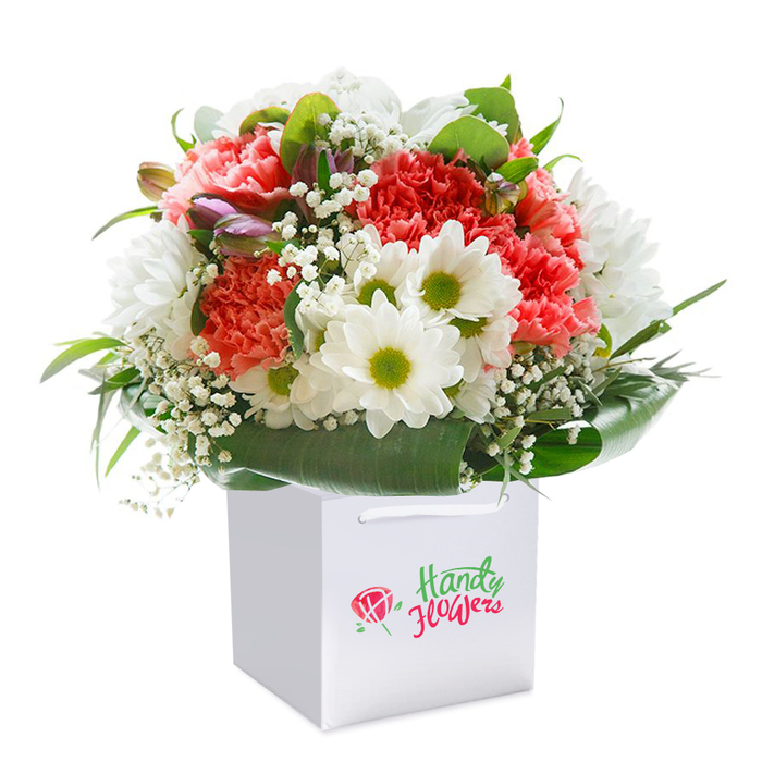 Presented elegantly within a square white gift bag, this vibrant hand-tied bouquet brings together the essence of Mitcham's floristry tradition and love for uplifting, refined arrangements. The dominant coral and peach hues of luxuriously ruffled carnations are beautifully complemented by cheerful white daisies with lime-shaded centers, capturing traces of the morning sun flickering over Mitcham Common's wildflowers. Dotted throughout are sprigs of gossamer baby's breath, introducing a whisper of cloud-like texture that harmonises the bouquet's palette. Unopened buds with a slight purple blush emerge here and there, hinting at future blooms and adding intrigue, much like the promise found in the budding trees lining Tamworth Lane. Deep, glossy foliage envelops the arrangement in a confident green collar, framing each blossom with expert grace and allowing the fuller, rounded shape to shine. The sturdy bag features practical white corded handles, making the design perfect for same-day local delivery whether for a birthday surprise or to add a sense of celebration to a friend's mantelpiece. Every flower is carefully selected and positioned by the skilled hands of Mitcham florists, who imbue each bouquet with the pride and spirit so intrinsic to this south London neighbourhood.