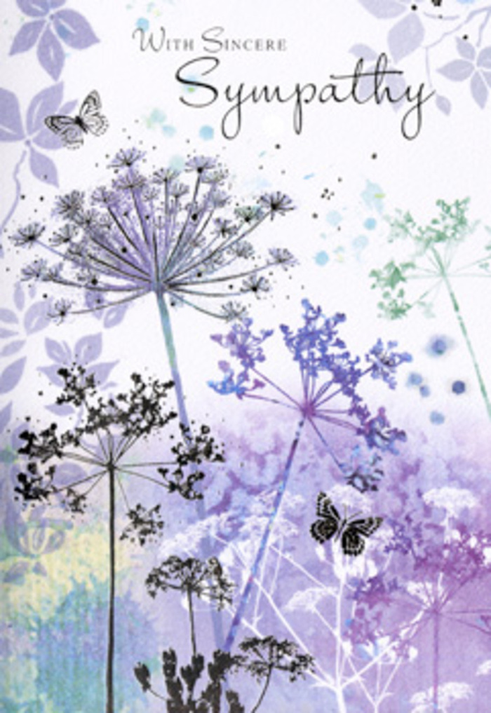 There is a tranquil, almost meditative beauty in this sympathy card, a quiet grace that feels at home in the more peaceful corners of Mitcham. The central focus is a cluster of tall, slender wildflowers with umbelliferous heads, their stems drawn in soft, flowing lines that rise from the lower portion of the image. Each bloom fans out into many tiny florets, forming delicate, circular patterns that resemble handmade lace or fine filigree work. These flowers are painted in gentle shades of violet, powdery blue, and muted sage, blending seamlessly with the hazy background washes. Behind them, broad sweeps of lavender, dove grey, and faint blue drift together in a soft blur, evoking the kind of misty morning light you might find skimming over Mitcham Common or the surrounding green spaces after a night of rain. Two butterflies hover near the upper part of the composition, their wings only lightly defined, almost as if they are made of the very air that surrounds them. Their subtle presence suggests hope and the quiet movement of time, even in moments of stillness and sorrow. The entire scene is bathed in diffuse, gentle light, with no harsh shadows or bright distractions, encouraging a slow, reflective gaze. As someone who arranges flowers for funerals and memorials across Mitcham, I recognise in this card the sensitivity people look for when words alone do not feel enough. It offers a visual space to pause and remember, providing comfort through its soft colours and the enduring, resilient forms of wildflowers reaching toward the sky.