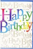 In this image, a joyful birthday card stands upright, its front cover transformed into a burst of rainbow colour that feels perfectly at home in lively Mitcham celebrations. The main wording, 'Happy Birthday', stretches across the centre in large, smooth-edged letters that almost seem to lift from the page. Each letter holds a carefully blended gradient: from rich crimson and rosy pink into glowing orange and yellow, across to fresh green, aqua, and deep blue, finally brushing into violet at the edges. The colours merge softly into each other, like the fading hues of an evening sky over Mitcham Common after a summer party. Behind this bold greeting, the entire background is filled with delicate gold script, endlessly repeating 'Happy Birthday to you' in fine, curling lines. The metallic ink shimmers gently when the light hits, giving the impression of scattered starlight or candlelight captured on paper. The script is closely spaced yet airy, creating a textured field of celebration that supports, rather than competes with, the central message. Tiny specks and dots, echoing the same rainbow tones, are scattered across the design, suggesting confetti drifting in the air after a joyful toast. The card's finish looks soft and satiny, with a subtle sheen that enhances both the bright colours and the refined gold lettering. The effect is warm and exuberant, ideal for accompanying a hand-delivered birthday bouquet bound for homes around Mitcham, whether near Figges Marsh, along the Tramlink, or tucked among the residential streets where local celebrations light up the evening.