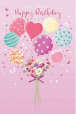 This whimsical birthday design unfolds as if it were a little celebration floating above Mitcham, framed by a tender pink backdrop that feels warm and welcoming. At the centre, a cluster of pastel balloons rises in a gentle arc, gathered like a bouquet that has just been released from a party on Mitcham Common. Each balloon has its own playful pattern-some are wrapped with candy-coloured stripes, others are sprinkled with polka dots, and a standout heart-shaped balloon seems to glow with quiet affection. The colours remain soft and harmonious: powdery pinks, seafoam greens, light yellows, and lavender tones blend together in a way that suggests a carefully coordinated birthday theme. Anchoring this airy bouquet, a hand-tied cluster of fresh flowers appears at the base. Imagined roses and anemone-like blossoms in creamy ivory, blush pink, and gentle mauve nestle closely, their feathery petals layered in soft, rounded shapes. The stems are cinched with a violet satin bow that shines delicately, as if the florist's fingers had just smoothed it into place before a same-day birthday delivery in Mitcham and the neighbouring streets. A bright yet subtle light washes over the composition, catching the sheen of the balloons and giving the flowers a dewy, freshly cut glow. Tiny decorative elements-suggestions of stars or little butterfly-like forms-hover near the bouquet, adding a hint of fairy-tale magic. Together, the balloons and blooms create the impression of a birthday wish lifting gently into the sky, filled with tenderness and joy, perfectly suited for someone who loves both playful details and beautifully arranged flowers in this friendly South London community.