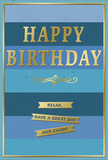 This graceful birthday card feels like a quiet, heartfelt wish carried on a cool Mitcham breeze, crafted in a palette of deeply soothing blues and elegant gold. The background is made up of broad horizontal bars of colour, each stripe a different blue that shifts almost imperceptibly from dark navy through teal and ocean to a gentle, airy sky tone. The overall effect is a smooth ombre, like watching daylight slowly brighten over Mitcham Common. Anchored at the centre, the greeting HAPPY BIRTHDAY is embossed in stately gold capitals, the letters rising slightly from the card's surface. Their metallic lustre is soft rather than brash, creating glimmers of light when viewed from different angles-just enough to suggest celebration without disturbing the calm of the blues. Beneath the main message runs an ornate, golden flourish, its graceful curves adding an air of timeless stationery and careful design. Under this flourish, three slim golden banners are neatly arranged one below the other, each ribbon carrying part of the gentle instruction: Relax, have a great day and enjoy! The words feel like a series of kind reminders from someone who really wants the recipient to slow down and be happy. A fine gold line traces the perimeter of the card, creating a tidy, framed effect that ties the design together. Imagining this card propped beside a vase of fresh birthday flowers delivered locally by Flower Delivery Mitcham, perhaps on a table near Cricket Green, you can almost sense the memory it will become-a small but meaningful part of a birthday filled with soft colours, warm wishes, and unhurried moments of joy.